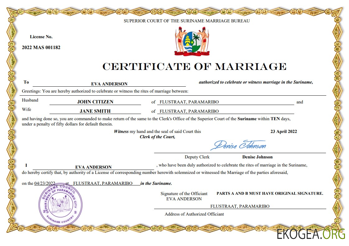 Modèle Word et PDF d'acte de mariage au Suriname